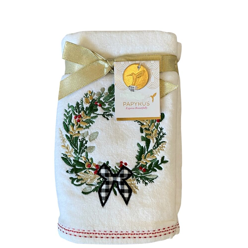Papyrus Hand Towels Set of 2 Embroidered Christmas Holiday Wreath 16x28 NEW